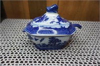 Ironstone Flow Blue Covered Dish With Spoon