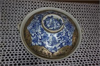 Blue and White Covered Bowl with Brass Trim