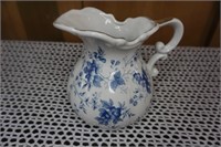 Blue and White Flower Pitcher with Gold Trim