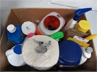 Box of Cleaning/Laundry Supplies & Bucket of Car