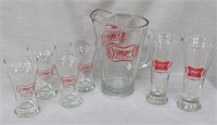 Miller High Life pitcher & 6 glasses (2 sizes)
