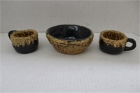 Mid Century Fur Glased Bowl & Cups