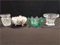 2 Crystal Pieces, Green Crystal Tulip Candy Dish