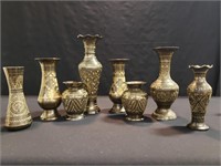 8 Etched Brass Vases