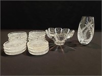 Crystal Bowl & Vase with 14 Coasters