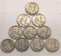 (10) 90$ Franklin Half Dollars 1948-1950s  $5 Face