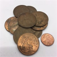 (10) Large Copper British Pennies Mixed Dates