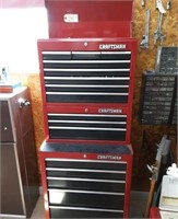 Craftsman 3 section tool box on wheels with tools.
