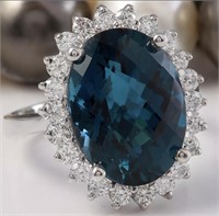 12.04 Cts Natural London Blue Topaz Diamond Ring
