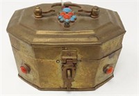 Brass Trinket Box w/ hinged lid, jewel insets