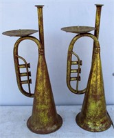 Lot of 2 Brass Trumpet Candle Holders