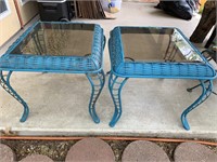 Pair of Blue Iron End Tables with Glass Tops