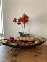 Metal and Rattan Basket w Faux Fruit & Bread +