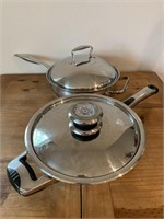 Two Lidded Stainless Steel Skillets