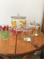 VINTAGE CANISTER SET, TULIPS, LAMBS, GLASS
