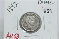 1892 Barber Dime AU53 NICE first year coin!