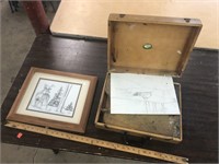 ARTIST BOX AND FRAMED SIGNED DRAWING