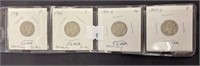 4 Silver Mercury Dimes, 1941, 42, 42d, 43d, V.g.-f