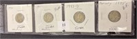 4 Silver Mercury Dimes, 1936, 41, 43d, 45, Vg-ef
