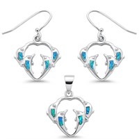 Blue Opal Dolphin Heart Pendant & Dangle Earrings
