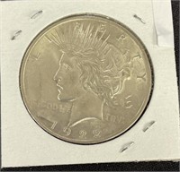 1922 Silver Peace Dollar, Au55, Toned