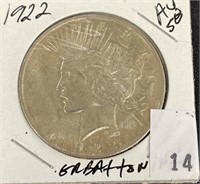 1922 Silver Peace Dollar, Au58, Toned