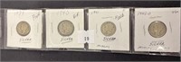 4 Silver Mercury Dimes, 1939, 40, 41, 42d, Vg-ef