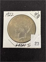 1922 Silver Peace Dollar, Au58, Toned