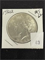 1922 Silver Peace Dollar, Au62