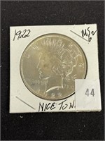1922 Silver Peace Dollar, Ms62, Toned