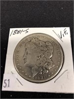 1881 – S Morgan Silver Dollar, V. F.