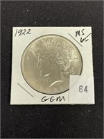 1922 Silver Peace Dollar, Ms65, Gem