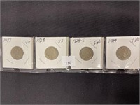4 Buffalo Nickels, 1927, 28, 28s, 35, Vg-vf