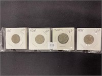 4 Buffalo Nickels, 1927, 28, 28s, 35, Vg-vf