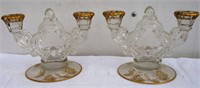 Lot of 2 Gilded Pressed Glass Candlesticks