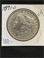 18 91–0 Morgan Silver Dollar, V. F.
