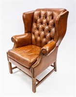 LEATHER BUTTON TUFTED WING BACK CHAIR, BY KAUFMAN