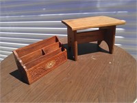 wooden stool and vintage carved wood organizer