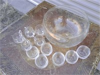 GLASS punch bowl with cups and glasses