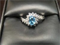 LADIES .925 AQUAMARINE & WHT SAPPHIRE RNG SIZE 5.5