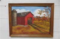 Signed Art Covered Bridge / Barn  Picture 26" x 20