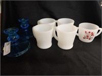 (5) Fire King Mugs and Blue Glass Candle Holders