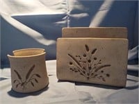 2 Studio pottery pieces napkin holder and other