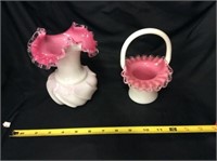 Fenton Pink Ruffled Edge Vase And Basket