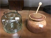 Pottery Honey Pot, Crackle Glass