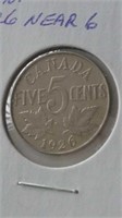 1926 Canada Near "6" 5 Cent Coin F-12 King GeorgeV
