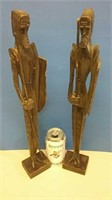 Two Handcarved Wooden Figures With Spears