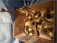 Box of various brass candleholders KITCHEN