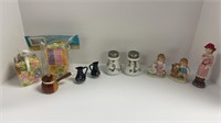 (3) glass figurines, salt and pepper shakers,
