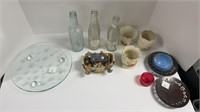 (3) Lenox glass dishes, (3) candle holders, glass